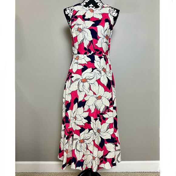 ANN TAYLOR Linen Blend Sleeveless A-Line Dress Navy Pink Cream Size 2 - Picture 3 of 10